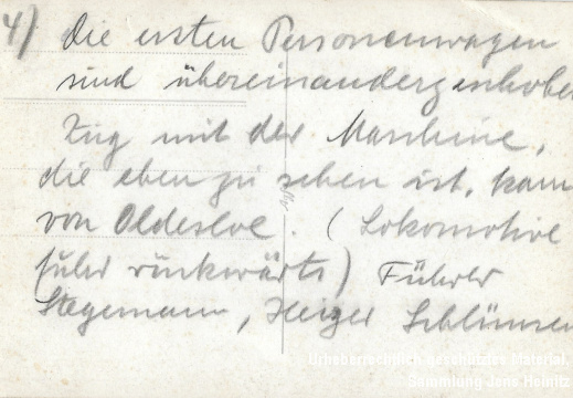 EBOE Unfall Langeln Bild-04 Rückseite 27-Sep-1942 (2185 Besuche) Am Morgen des 27. September 1942 kollidierten der Personenzug aus Oldesloe gezogen von Lok 6 mit dem... EBOE Unfall Langeln Bild-04 Rückseite 27-Sep-1942